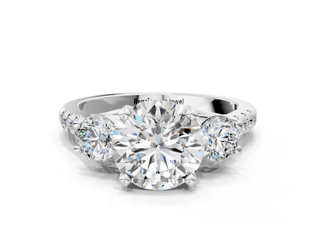 White gold Three-Stone Round Cut Diamond Pavé Band with Four-Prong Setting_51