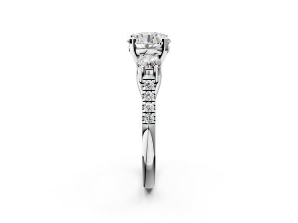 Sterling Silver Round Three Stone Engagement Ring Setting with Round Side Stones and Pave Shoulders
