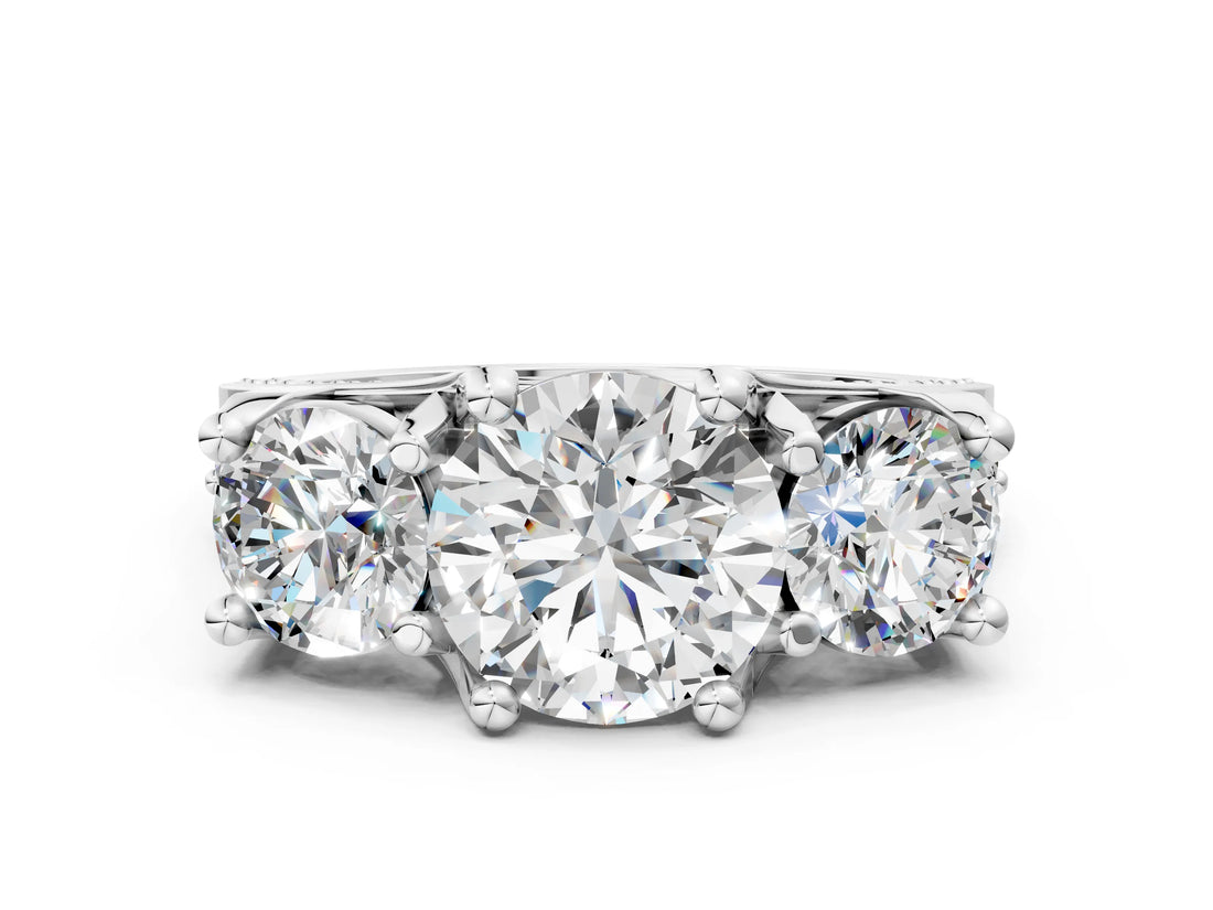 14K White Gold 3.00 Carat E VS1 Round Diamond Three-Stone Ring with Channel Set Band and Four-Prong Setting