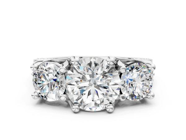 14K White Gold 3.00 Carat E VS1 Round Diamond Three-Stone Ring with Channel Set Band and Four-Prong Setting