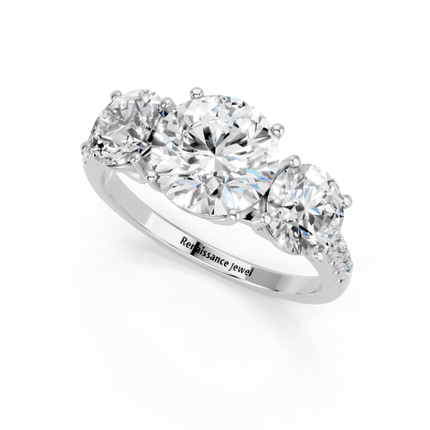 White gold Three-Stone Round Cut Diamond Ring with Pavé Band and Prong Setting_11