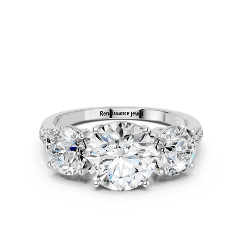 White gold Three-Stone Round Cut Diamond Ring with Pavé Band and Prong Setting_19