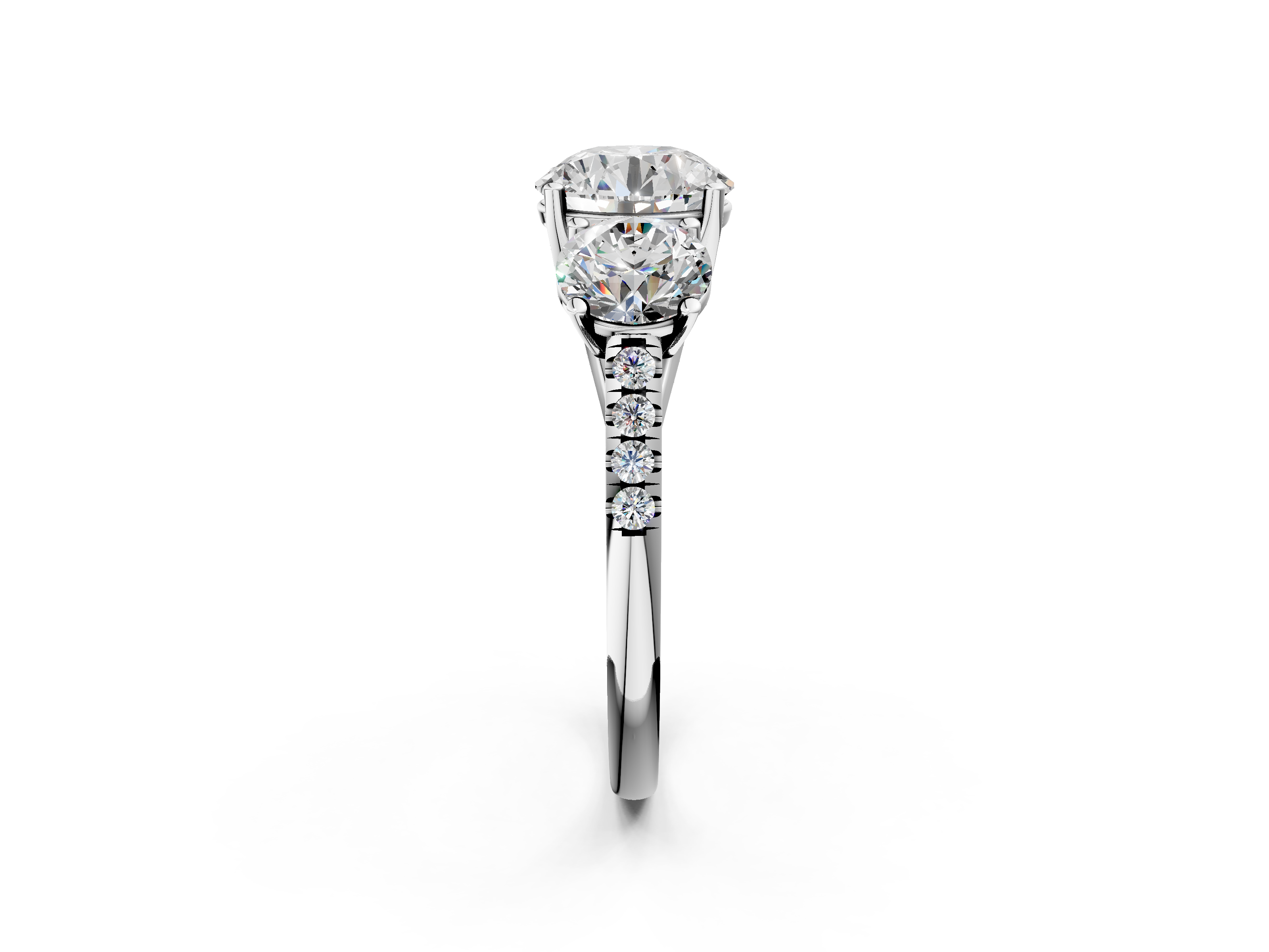 White gold Three-Stone Round Cut Diamond Ring with Pavé Band and Prong Setting_34