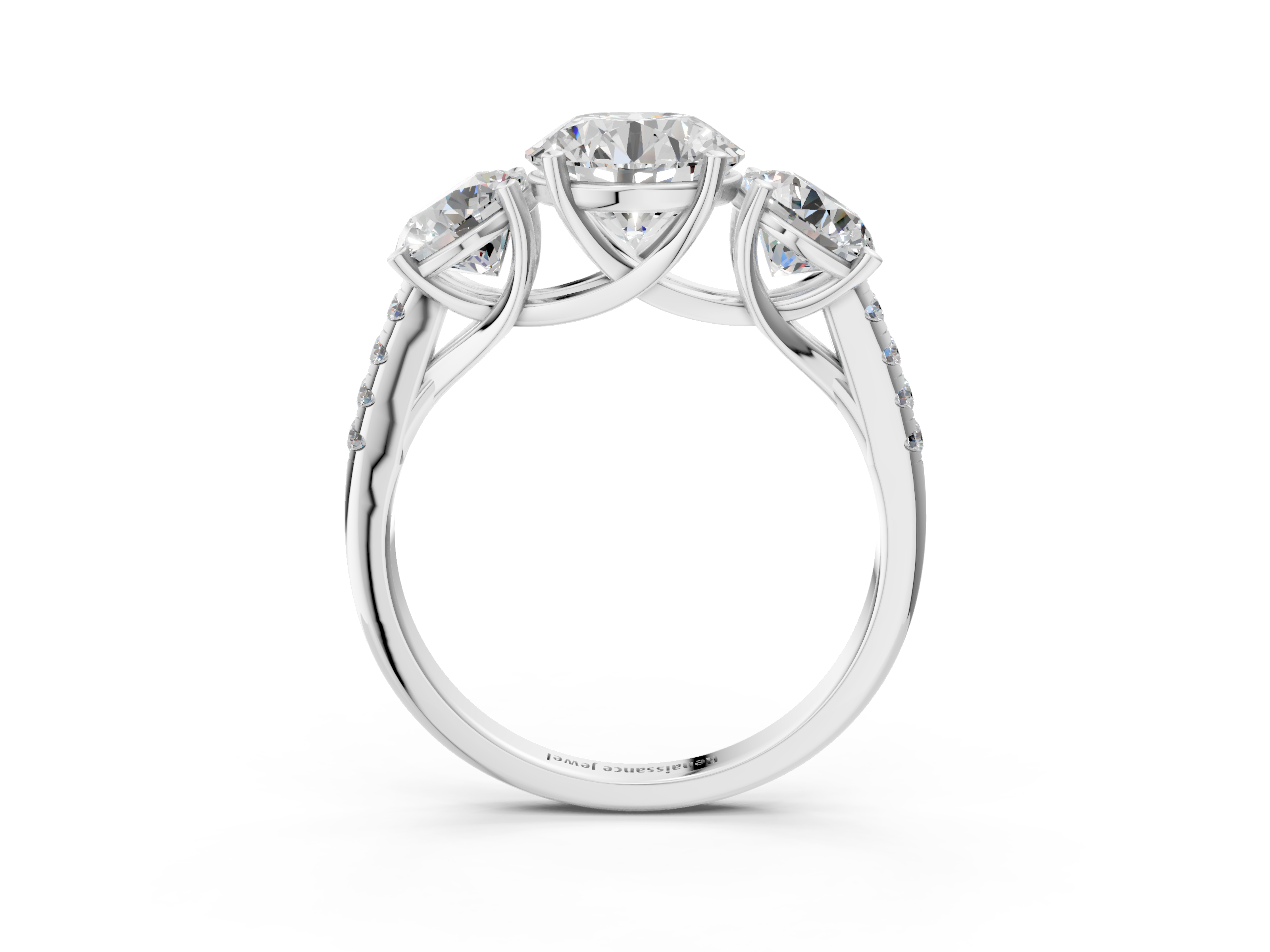 White gold Three-Stone Round Cut Diamond Ring with Pavé Band and Prong Setting_35