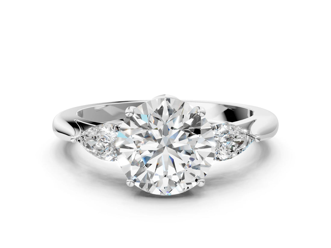 White gold Three-Stone Round Cut Diamond Ring with Pear  Side Stones in Four-Prong Setting_16