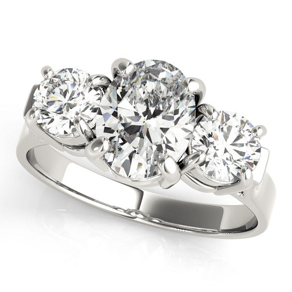 White gold Three-Stone Round Cut Diamond Ring with Round Accent Stones, Prong Setting, and Classic Band 1