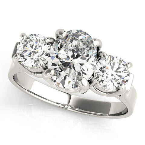 White gold Three-Stone Round Cut Diamond Ring with Round Accent Stones, Prong Setting, and Classic Band 1