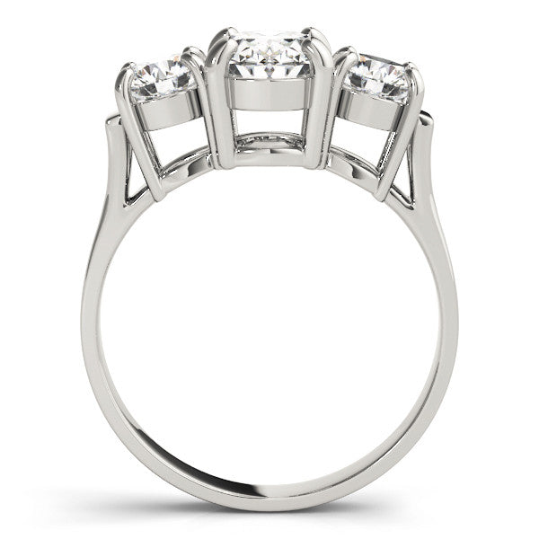 White gold Three-Stone Oval Cut Diamond Ring with Round Accent Stones, Prong Setting, and Classic Band