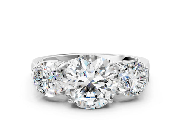 White gold Three-Stone Round Cut Diamond Ring with Round Accent Stones, Prong Setting, and Classic Band