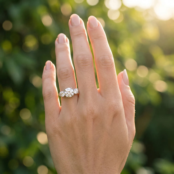 White gold Three-Stone Round Cut Diamond Ring with Round Accent Stones, Prong Setting, and Classic Band