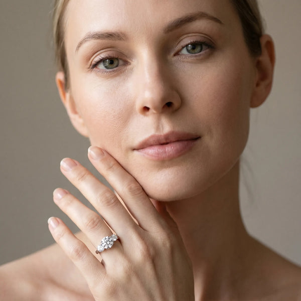 White gold Three-Stone Round Cut Diamond Ring with Round Accent Stones, Prong Setting, and Classic Band