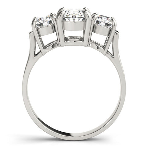 White gold Three-Stone Round Cut Diamond Ring with Round Accent Stones, Prong Setting, and Classic Band