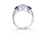 White gold Three-Stone Round Cut Diamond Ring with Round with Amethyst side stone Pavé Band and Prong Setting_15