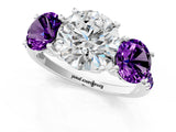 White gold Three-Stone Round Cut Diamond Ring with Round with Amethyst side stone Pavé Band and Prong Setting_1