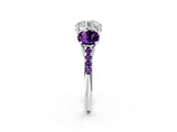 White gold Three-Stone Round Cut Diamond Ring with Round with Amethyst side stone Pavé Band and Prong Setting_2