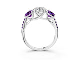 White gold Three-Stone Round Cut Diamond Ring with Round with Amethyst side stone Pavé Band and Prong Setting_3