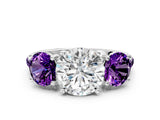 White gold Three-Stone Round Cut Diamond Ring with Round with Amethyst side stone Pavé Band and Prong Setting