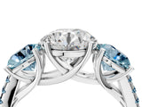 White gold Three-Stone Round Cut Diamond Ring with Round with Aquamarine side stone Pavé Band and Prong Setting_4