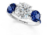 White gold Three-Stone Round Cut Diamond Ring with Round with Blue Sapphire side stone Pavé Band and Prong Setting_13
