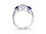 White gold Three-Stone Round Cut Diamond Ring with Round with Blue Sapphire side stone Pavé Band and Prong Setting_3