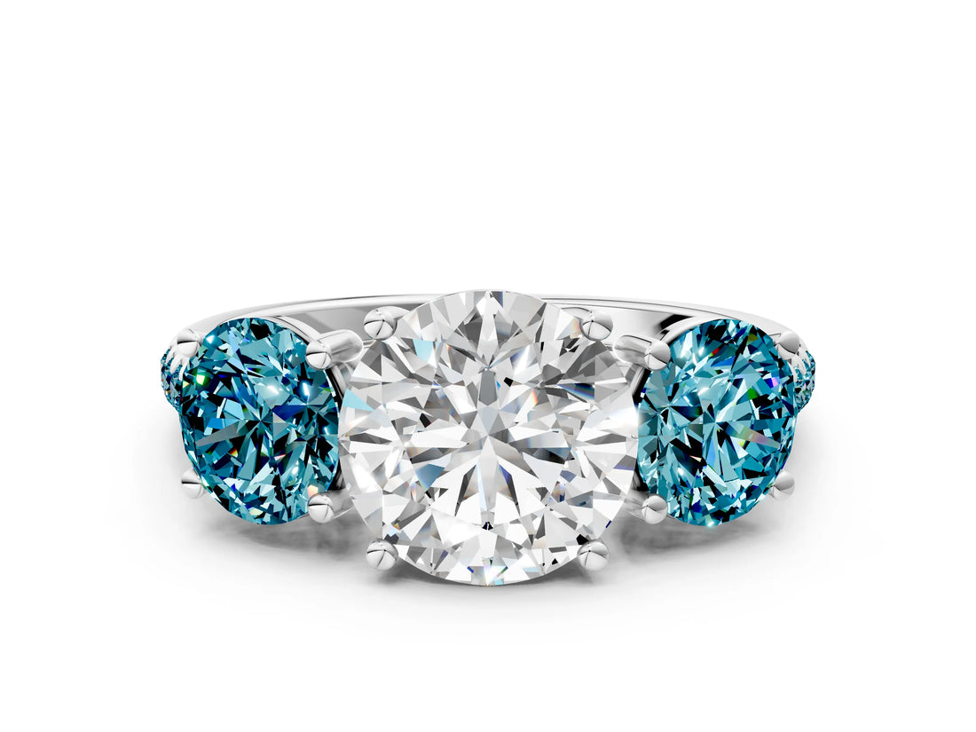 White gold Three-Stone Round Cut Diamond Ring with Round with Blue Topaz side stone Pavé Band and Prong Setting_12
