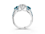 White gold Three-Stone Round Cut Diamond Ring with Round with Blue Topaz side stone Pavé Band and Prong Setting_15