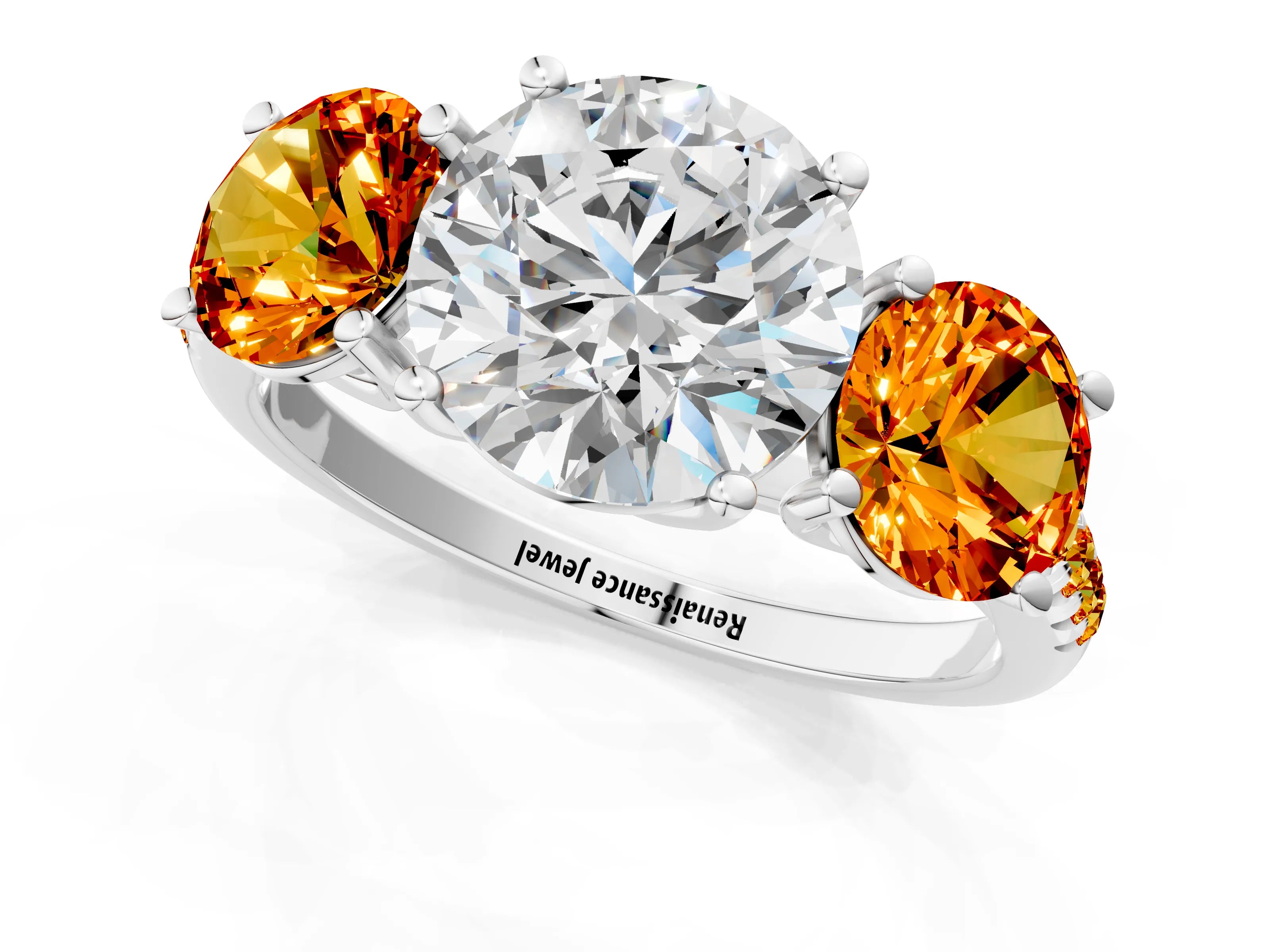 White gold Three-Stone Round Cut Diamond Ring with Round with Citrine side stone Pavé Band and Prong Setting_1