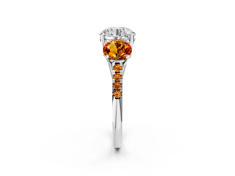 White gold Three-Stone Round Cut Diamond Ring with Round with Citrine side stone Pavé Band and Prong Setting_2