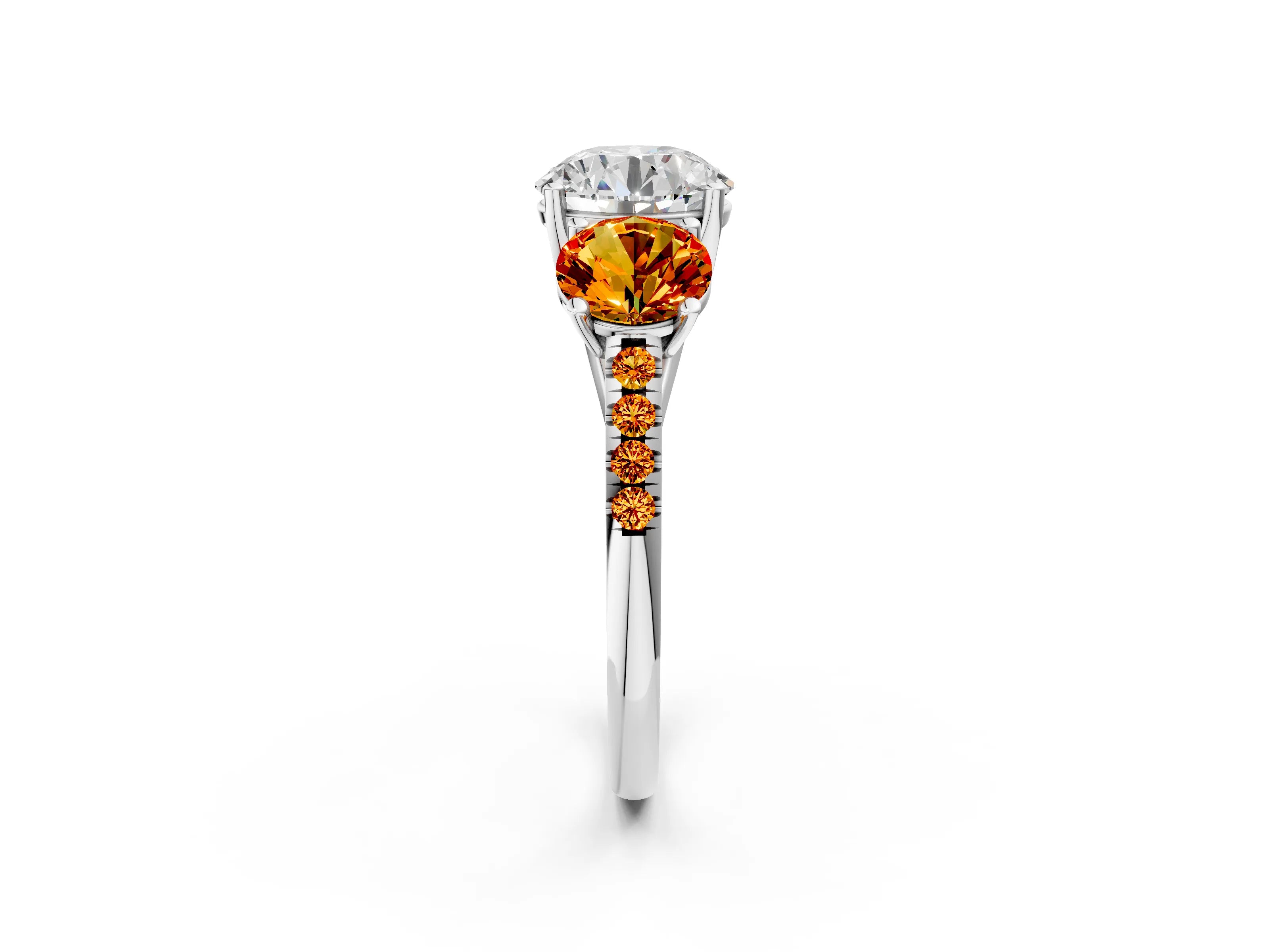 White gold Three-Stone Round Cut Diamond Ring with Round with Citrine side stone Pavé Band and Prong Setting_2