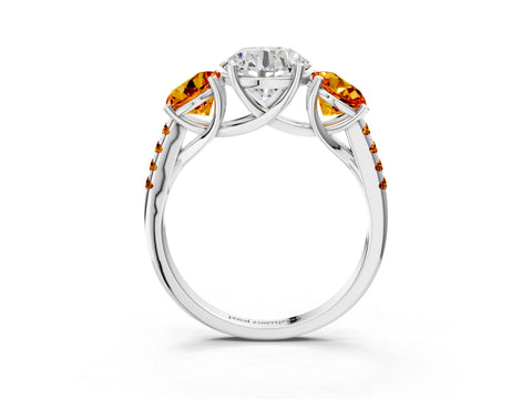 White gold Three-Stone Round Cut Diamond Ring with Round with Citrine side stone Pavé Band and Prong Setting_3