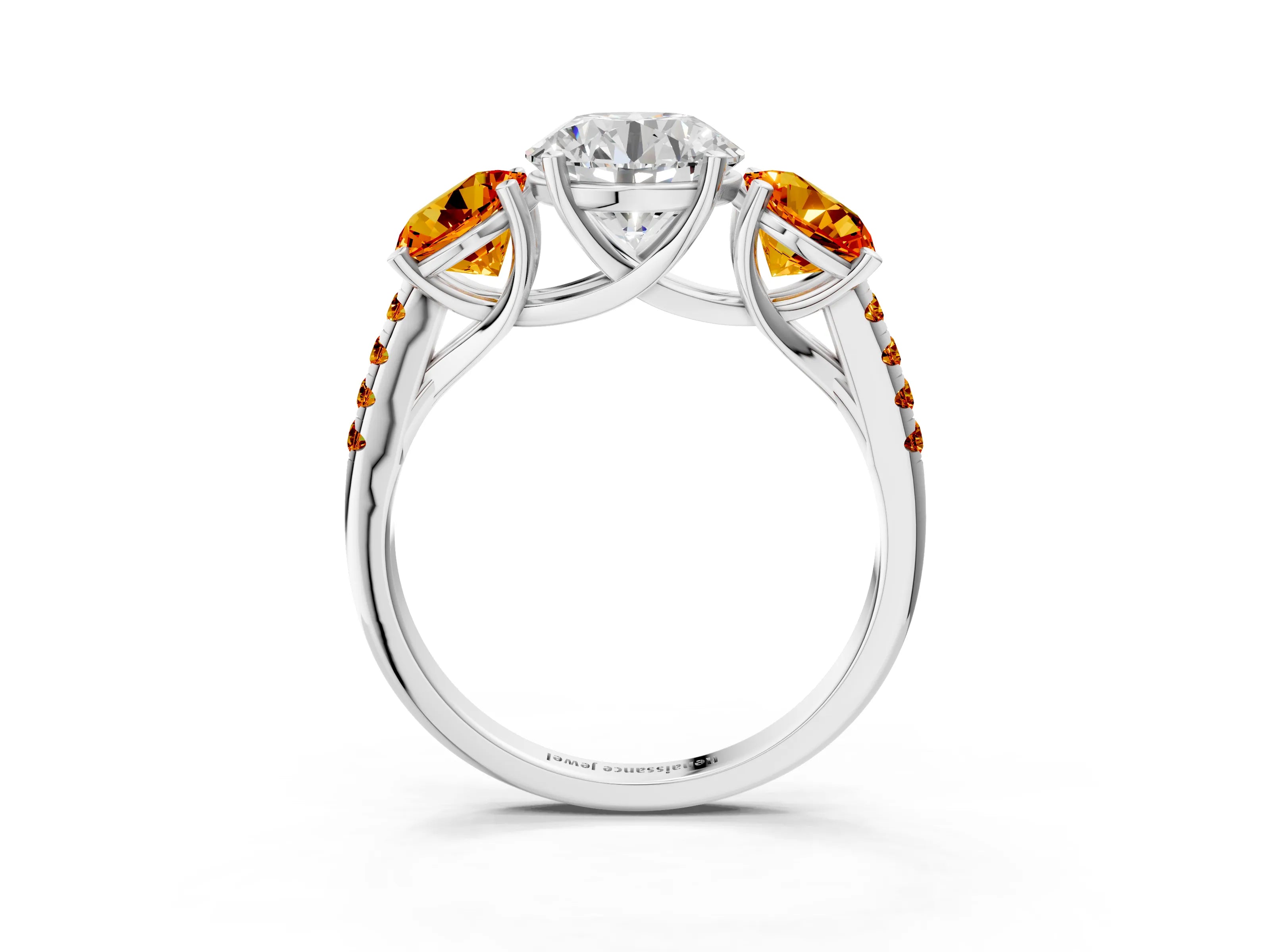 White gold Three-Stone Round Cut Diamond Ring with Round with Citrine side stone Pavé Band and Prong Setting_3