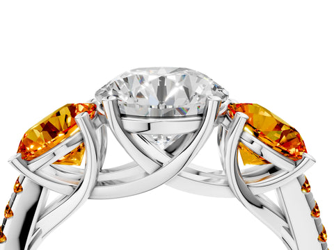 White gold Three-Stone Round Cut Diamond Ring with Round with Citrine side stone Pavé Band and Prong Setting_4