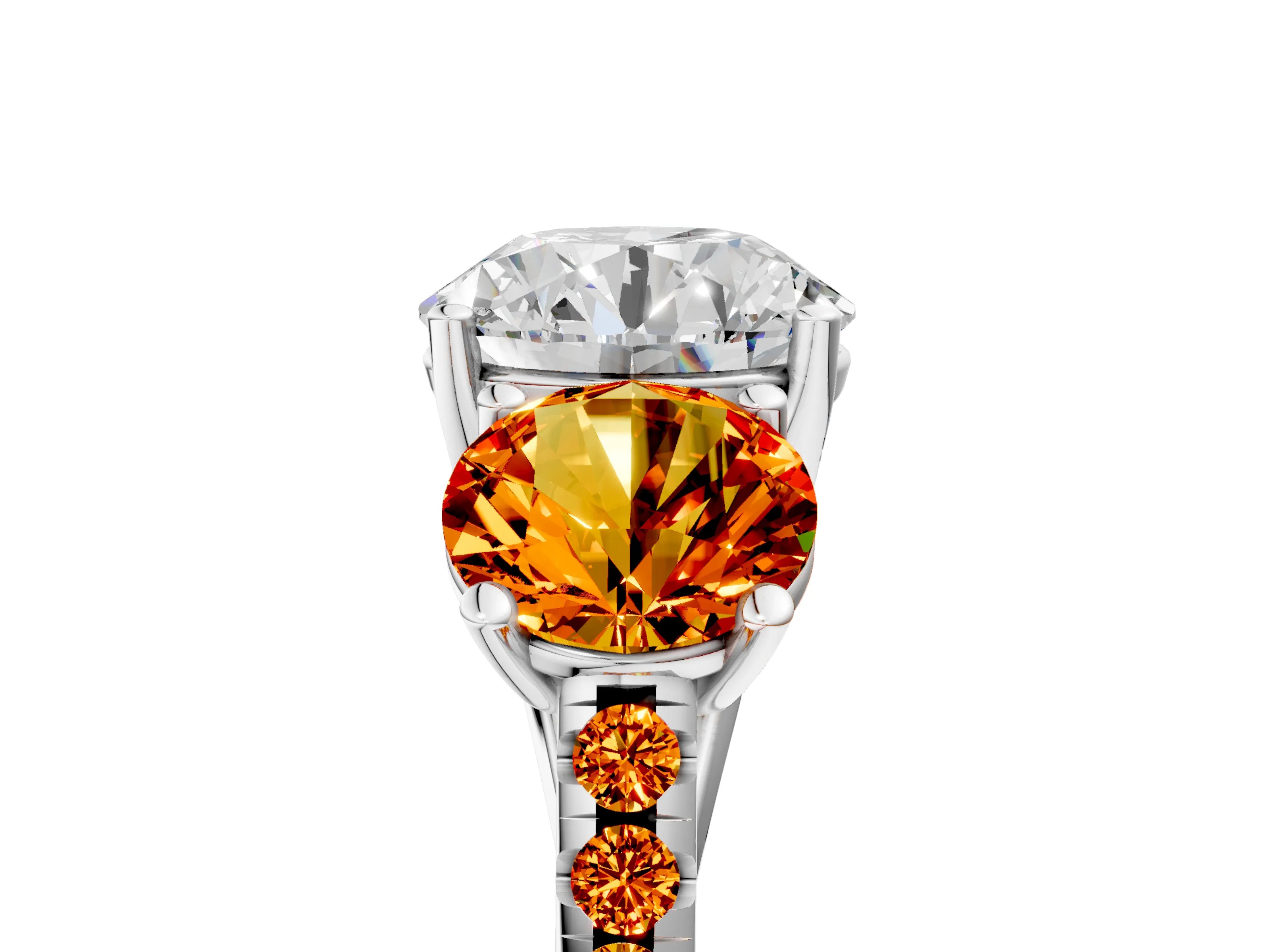 White gold Three-Stone Round Cut Diamond Ring with Round with Citrine side stone Pavé Band and Prong Setting_5
