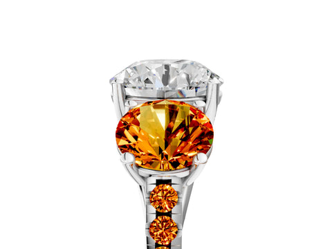 White gold Three-Stone Round Cut Diamond Ring with Round with Citrine side stone Pavé Band and Prong Setting_5