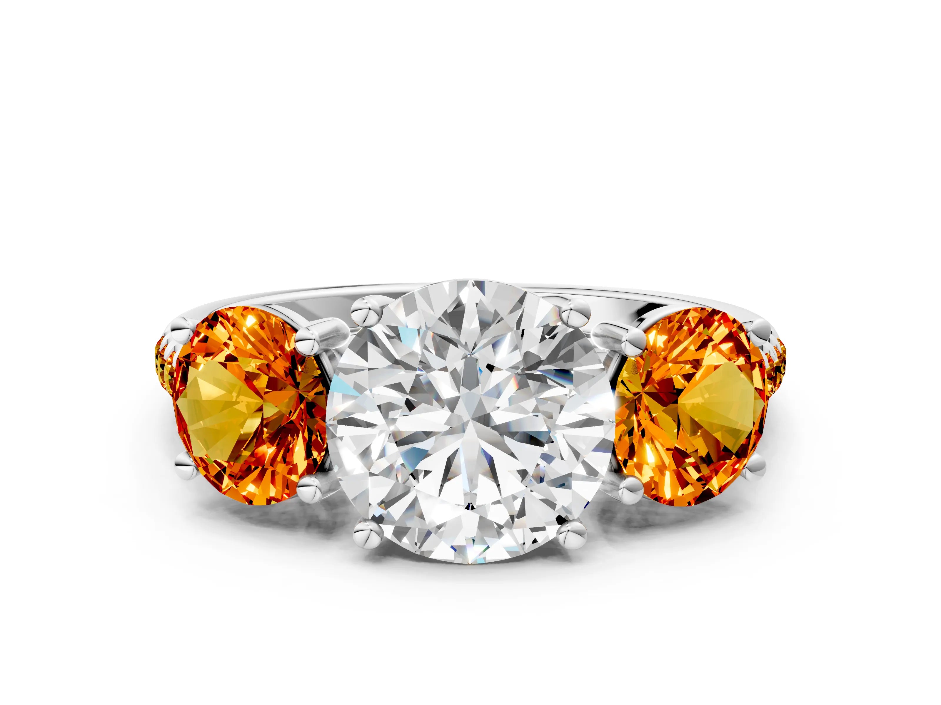 White gold Three-Stone Round Cut Diamond Ring with Round with Citrine side stone Pavé Band and Prong Setting