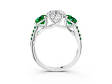 White gold Three-Stone Round Cut Diamond Ring with Round with Emerald side stone Pavé Band and Prong Setting_3