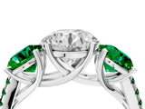 White gold Three-Stone Round Cut Diamond Ring with Round with Emerald side stone Pavé Band and Prong Setting_4
