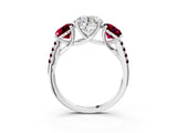 White gold Three-Stone Round Cut Diamond Ring with Round with Garnet side stone Pavé Band and Prong Setting_15