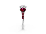 White gold Three-Stone Round Cut Diamond Ring with Round with Garnet side stone Pavé Band and Prong Setting_2