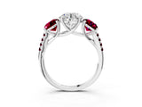 White gold Three-Stone Round Cut Diamond Ring with Round with Garnet side stone Pavé Band and Prong Setting_3