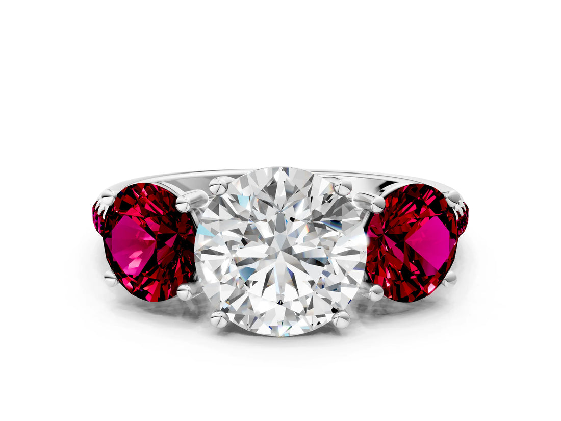 White gold Three-Stone Round Cut Diamond Ring with Round with Garnet side stone Pavé Band and Prong Setting
