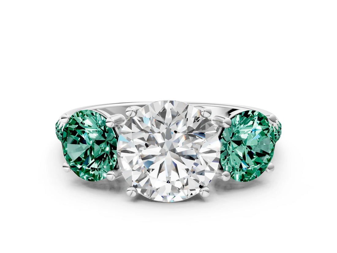 White gold Three-Stone Round Cut Diamond Ring with Round with Green Sapphire side stone Pavé Band and Prong Setting_12