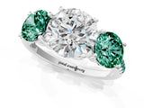 White gold Three-Stone Round Cut Diamond Ring with Round with Green Sapphire side stone Pavé Band and Prong Setting_1
