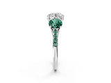 White gold Three-Stone Round Cut Diamond Ring with Round with Green Sapphire side stone Pavé Band and Prong Setting_2
