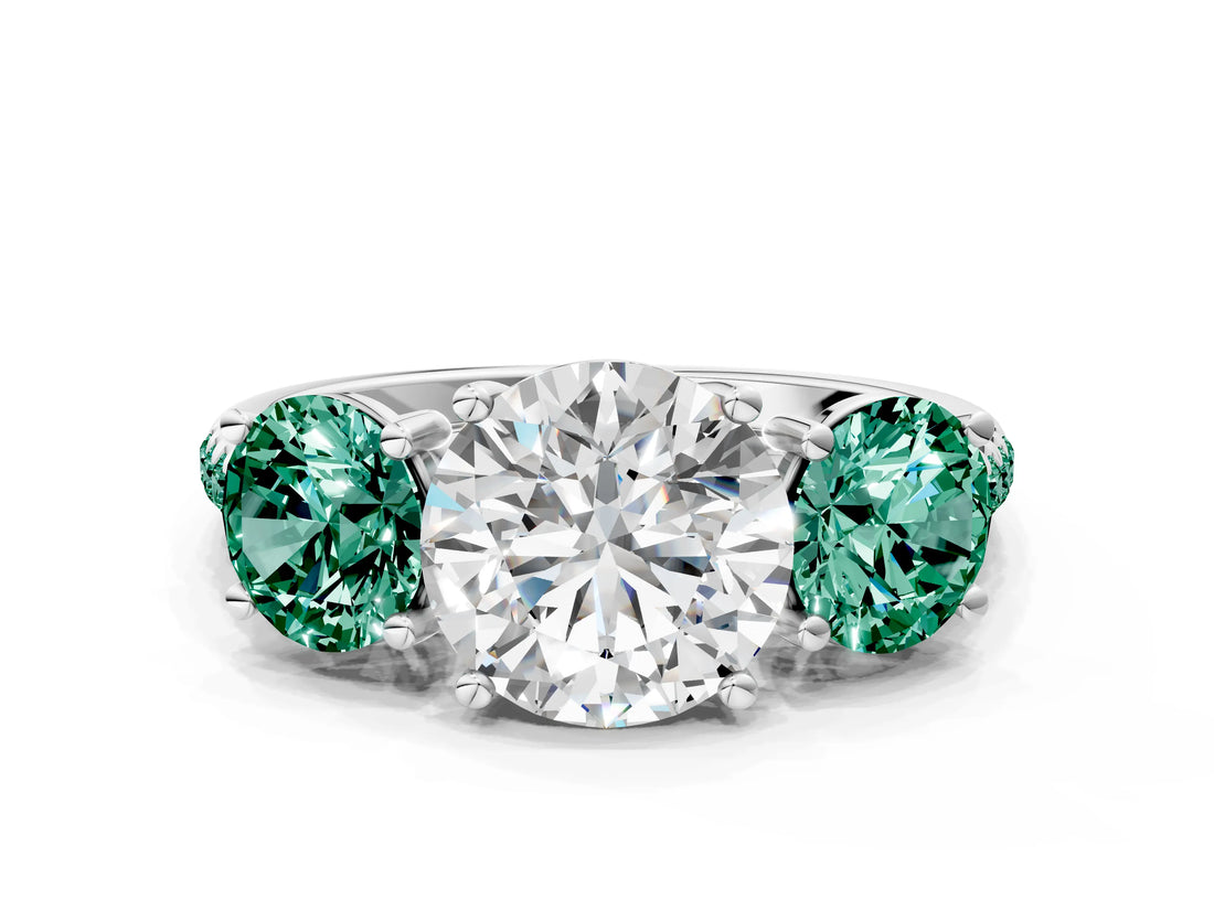 White gold Three-Stone Round Cut Diamond Ring with Round with Green Sapphire side stone Pavé Band and Prong Setting