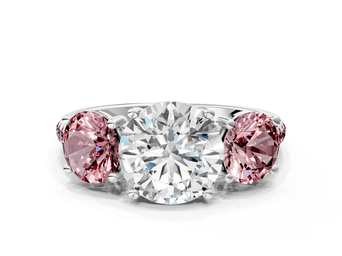 White gold Three-Stone Round Cut Diamond Ring with Round with Morganite side stone Pavé Band and Prong Setting