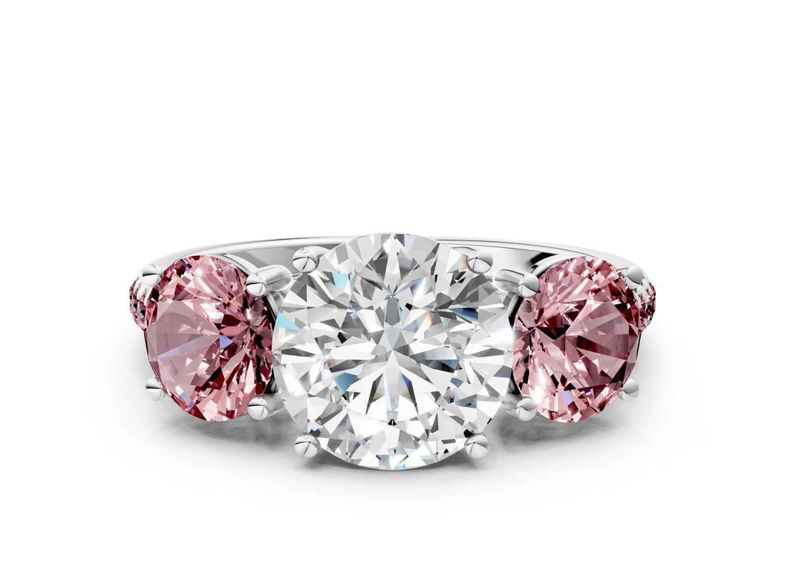 White gold Three-Stone Round Cut Diamond Ring with Round with Morganite side stone Pavé Band and Prong Setting_12