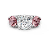 White gold Three-Stone Round Cut Diamond Ring with Round with Morganite side stone Pavé Band and Prong Setting