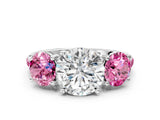 White gold Three-Stone Round Cut Diamond Ring with Round with Pink Sapphire side stone Pavé Band and Prong Setting