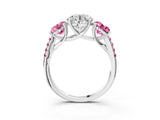 White gold Three-Stone Round Cut Diamond Ring with Round with Pink Sapphire side stone Pavé Band and Prong Setting_3